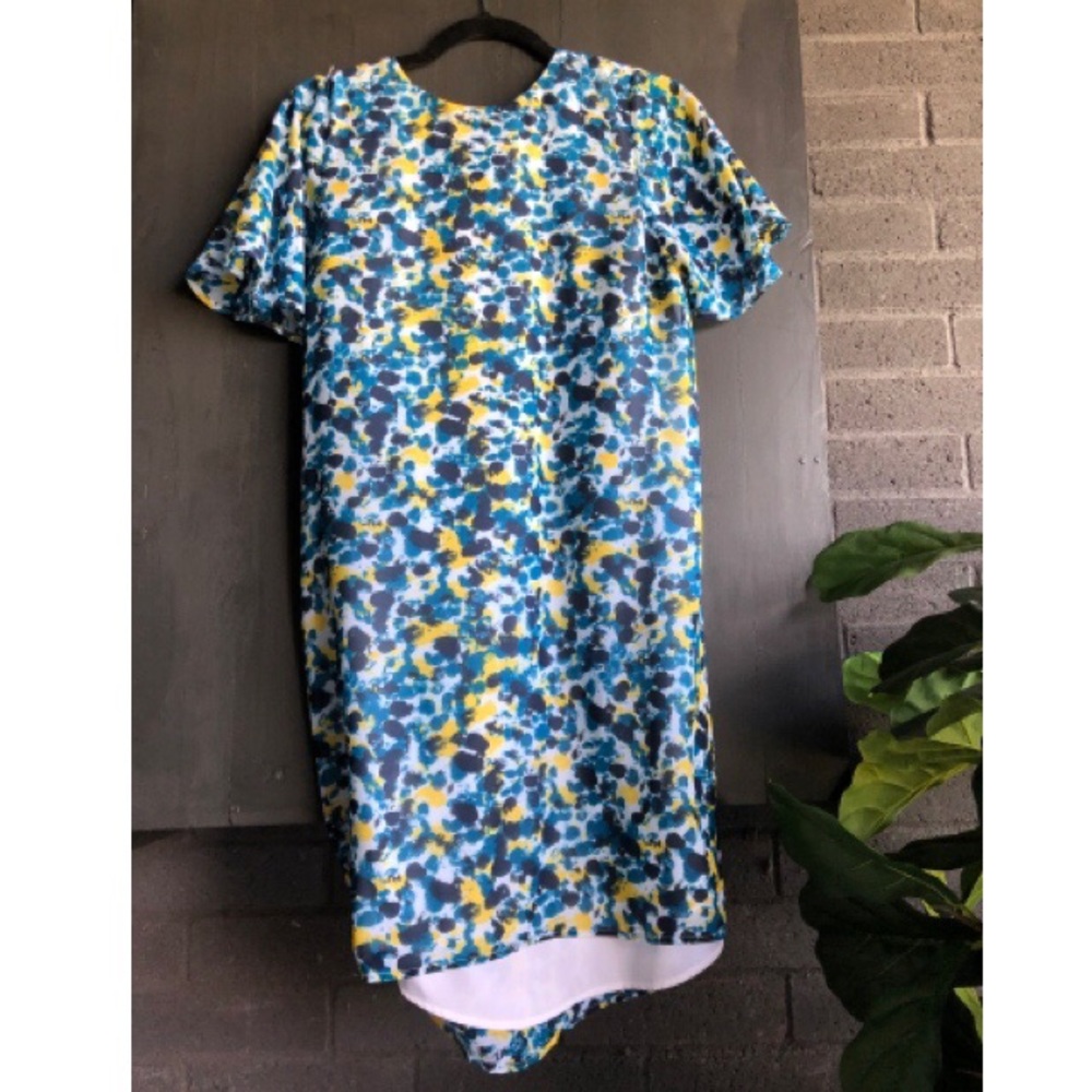 Blue, white, yellow pattern dress.